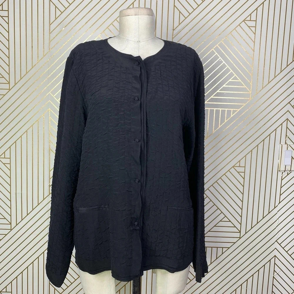 Eileen Fisher Black Silk Button Front Blazer